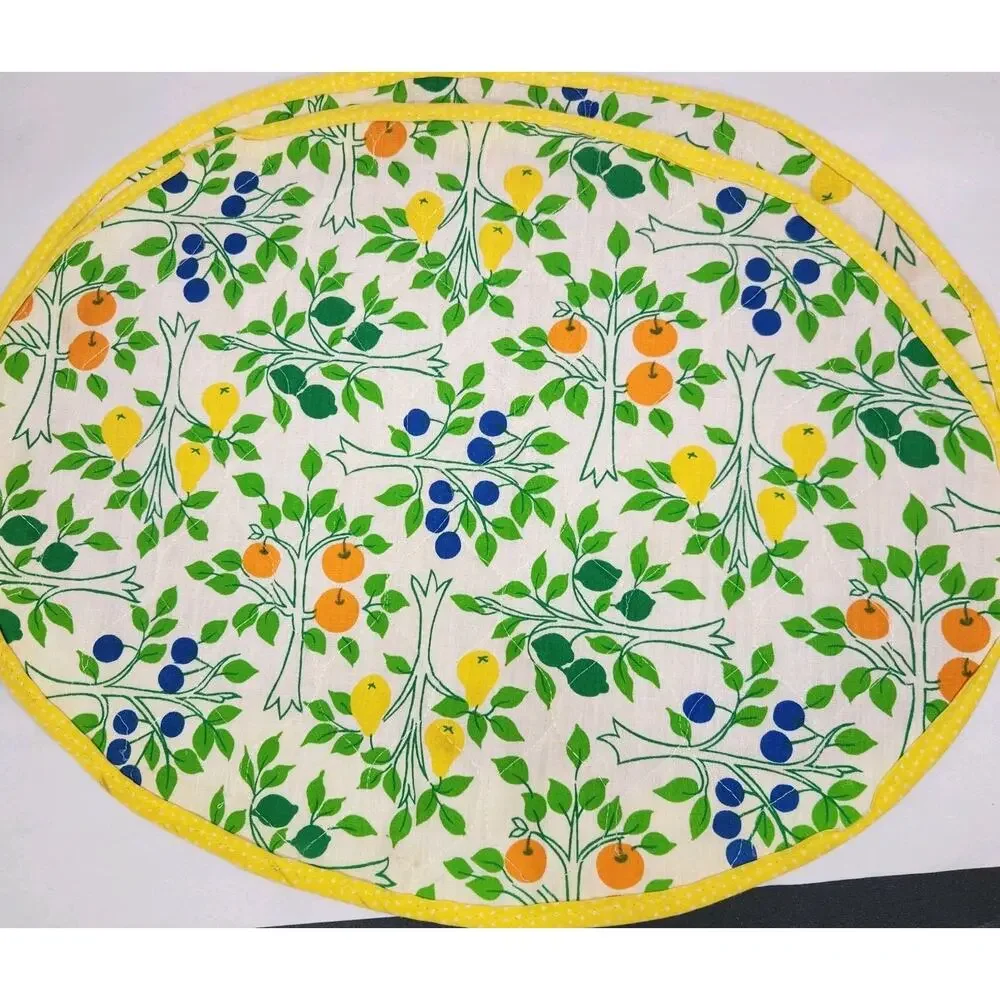 Vtg Set Of 3 Quilted Placemats Fruit Trees Lemon Orange Cottage Grandma Estate